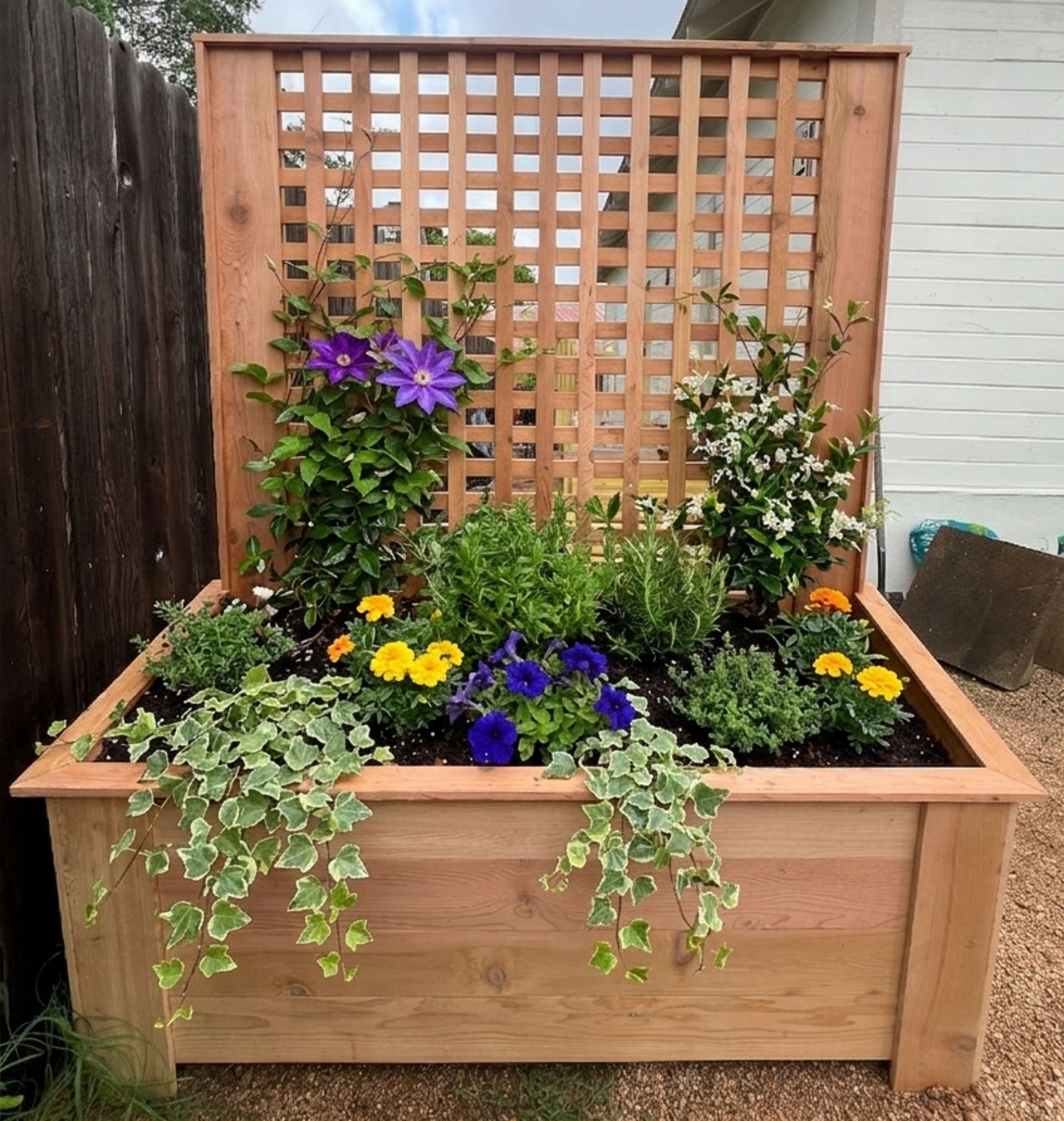 Modern handcrafted cedar wood privacy planter box